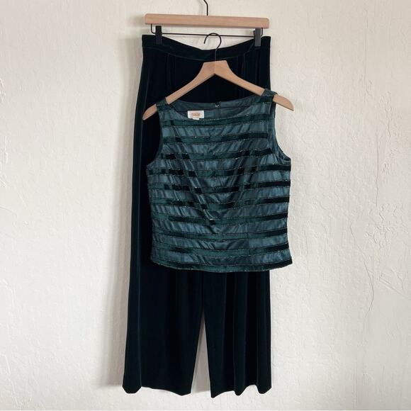 Talbots Velvet Matching Set Sleeveless Blouse Wide Leg Pants 10 Green Beaded - Picture 1 of 12